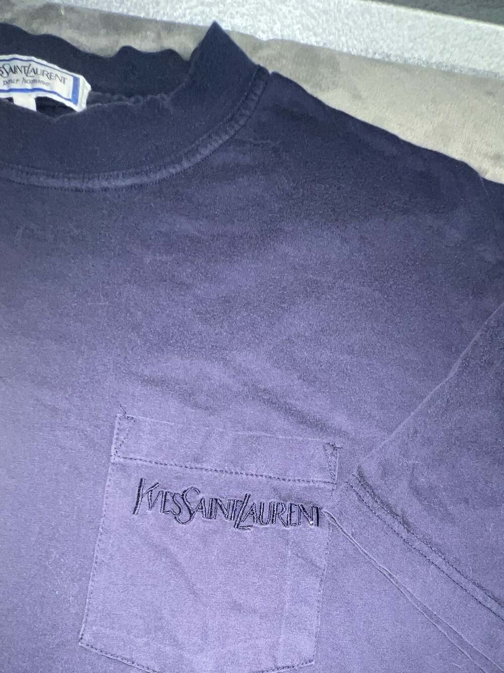 Vintage Yves Saint Laurent Pour Homme Navy Blue Pocket T-Shirt Size 5